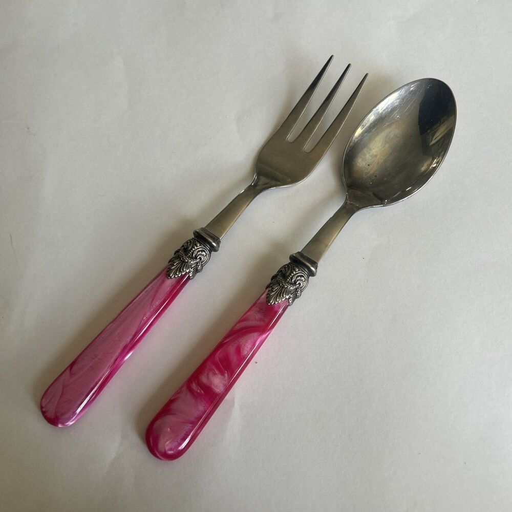 Vintage Eme Napoleon 18/10 Stainless Steel Italian Spoon and Fork Set Pink Pearl